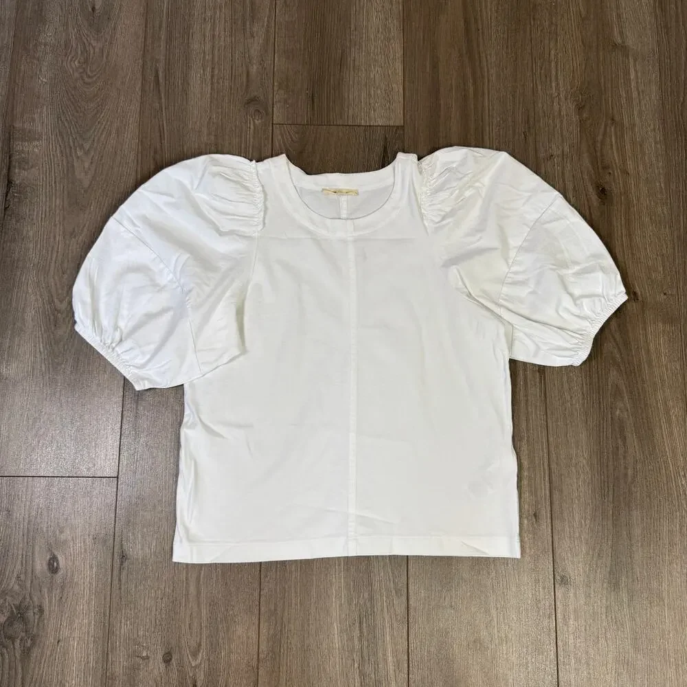 Madewell Puff-Sleeve Tee Womens S White Crew Neck Cotton Relaxed Fit Ruffle Trim